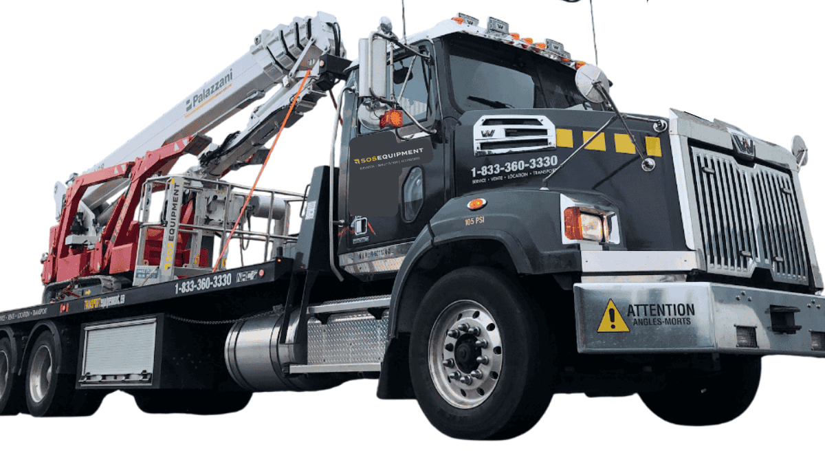 SOSEQUIPMENT truck transporting a Palazzani tracked aerial platform