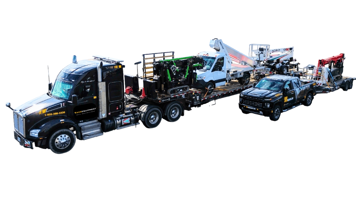 Two types of SOSEQUIPMENT transport trucks and secure tie-downs